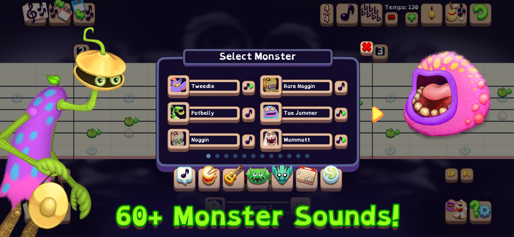 My Singing Monsters Composer - Music composition interface in My Singing Monsters Composer showing monster selection and musical notes
