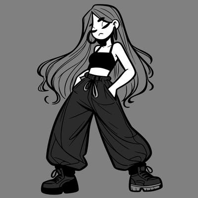 girl in baggy pants crop top and long hair