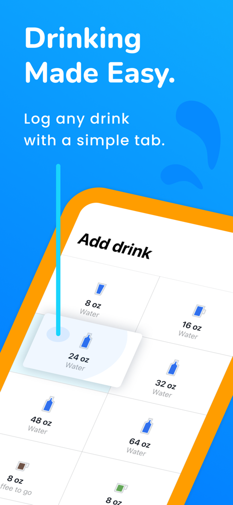 Drink Tracker by Hydro Coach - Interface of the Hydro Coach app showing various drink sizes to log water intake