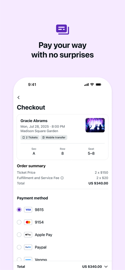 StubHub Mobile App Checkout-Bildschirm zeigt Konzertticketdetails und mehrere Zahlungsoptionen, darunter Apple Pay und PayPal