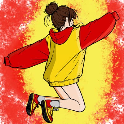 realistic girl jumping with a bun and oversized sweatshirt