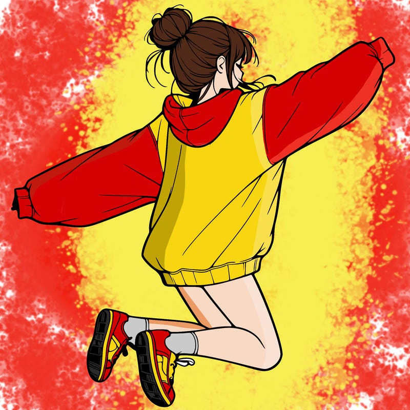 realistic girl jumping with a bun and oversized sweatshirt