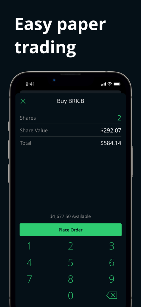 MarketSim - MarketSim mobile app interface showing a virtual stock purchase order for paper trading