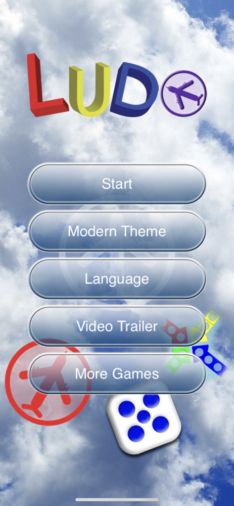 Modern Ludo - Main menu screen of the Modern Ludo mobile game featuring game options and airplane-themed graphics