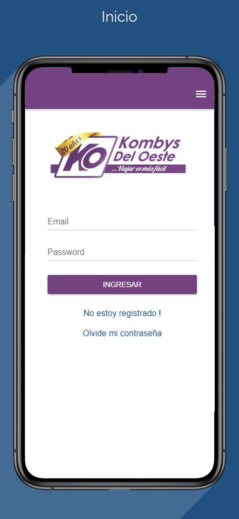Login screen of the Kombys del Oeste app featuring email and password input fields and the company logo