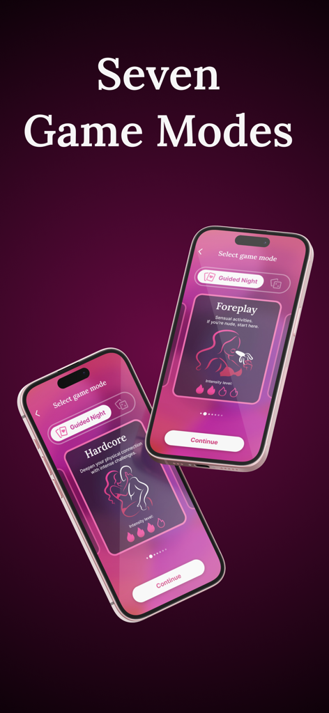 Deux écrans de téléphone mobile affichant l'interface de l'application FeelMe avec des modes de jeu, notamment les préliminaires et le hardcore.