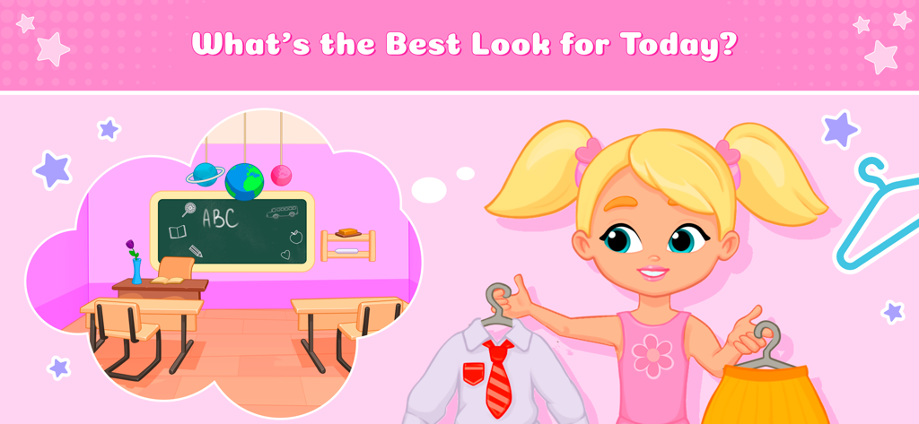Dress Up Games for Kids: Girls - Una niña de dibujos animados eligiendo entre una camisa y una falda para un escenario escolar en un juego de vestir