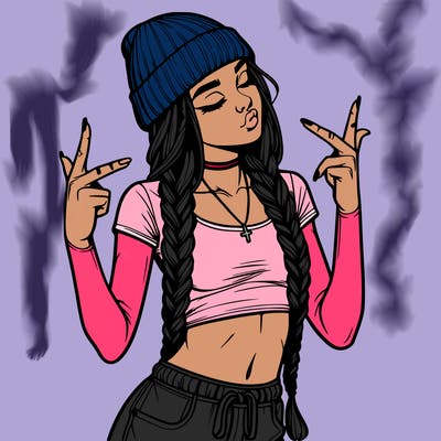 realistic teenage girl with braids and a beanie and crop top doing 🫶🏼