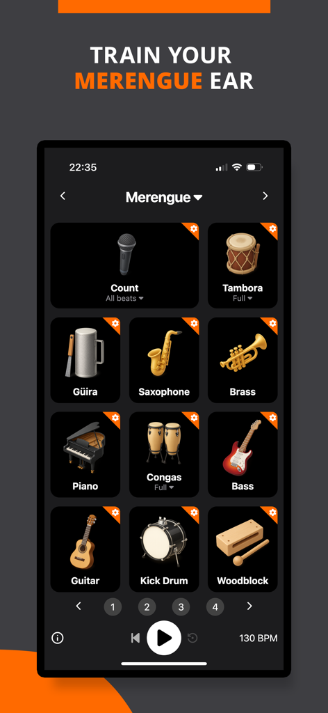 Merengue Rhythms - BeatLab - Interfaccia dell'app Merengue Rhythms BeatLab che mostra l'isolamento dello strumento per l'allenamento dell'orecchio.