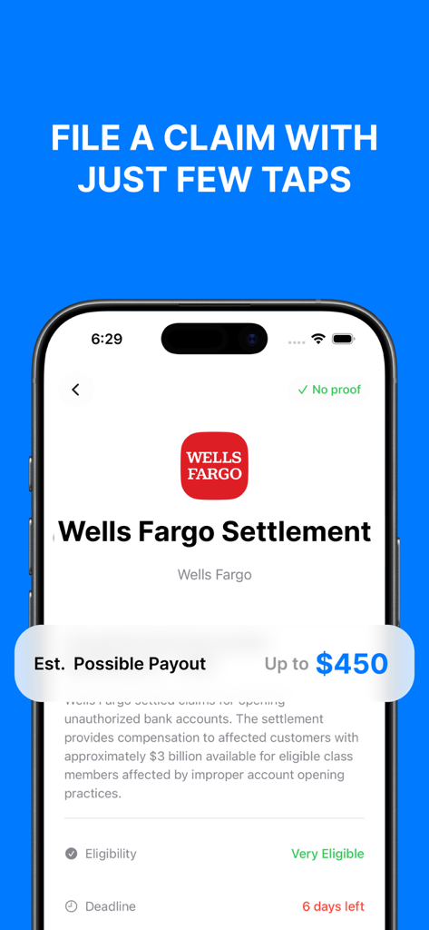 SettleMate: Claim Your Money - SettleMate app interface showing a Wells Fargo class action settlement details with an estimated payout of 450 dollars