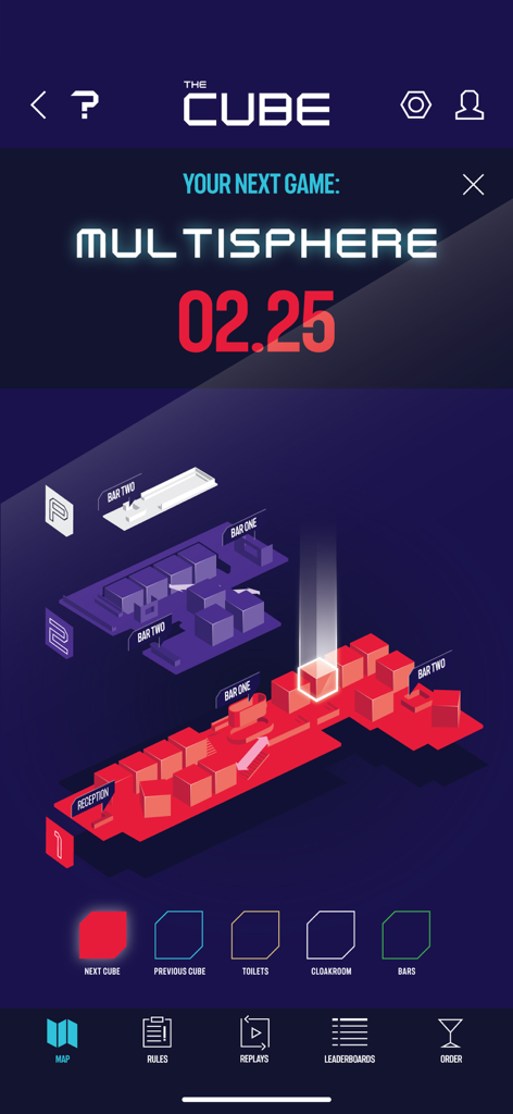 Play THE CUBE - Mapa isométrico 3D do layout do local Play THE CUBE no aplicativo complementar