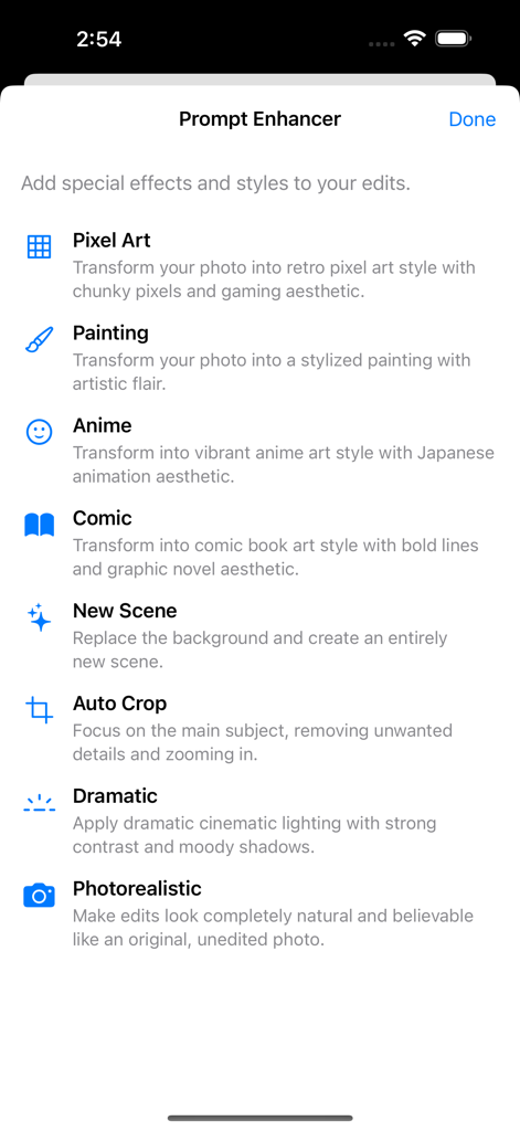 AI Photo Editing - Prompt Enhancer screen displaying various AI image styles including Pixel Art, Painting, and Anime.