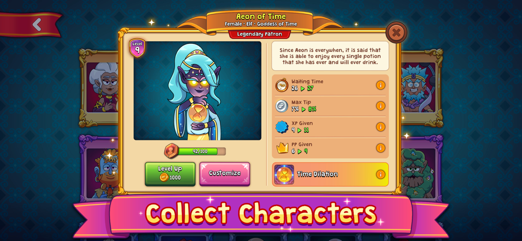 Character profile screen for Aeon of Time in Potion Punch 2 showing legendary patron stats and the level up button
