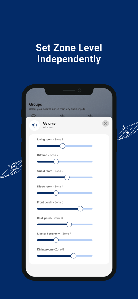 JUKE AUDIO - Smartphone app screen showing individual volume sliders for multiple home audio zones like kitchen living room and patio