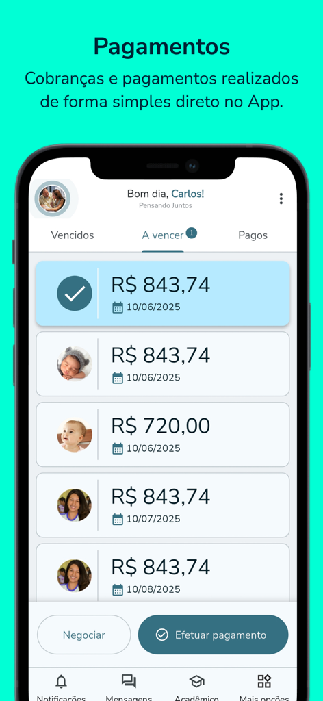Meu eduCONNECT - Meu eduCONNECT mobile app screen displaying school payment history and upcoming tuition charges.