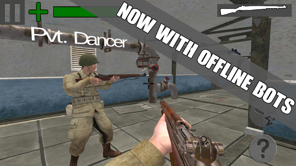 Prospettiva in prima persona del gameplay di Soldiers of Valor con soldati della Seconda Guerra Mondiale e bot offline