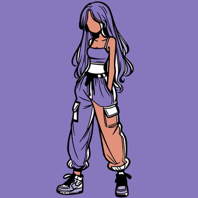 girl in baggy pants crop top and long hair