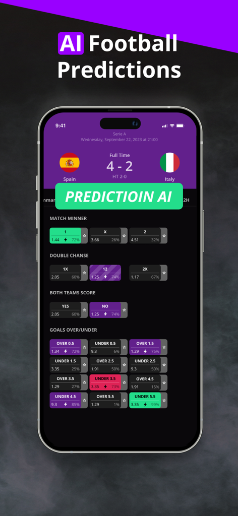 180Score app interface showing AI football predictions and probability percentages for match outcomes.