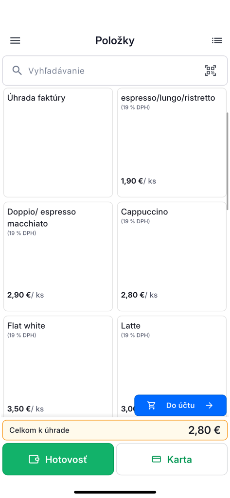 EasyKasa - EasyKasa mobile POS interface showing a coffee shop menu with payment buttons