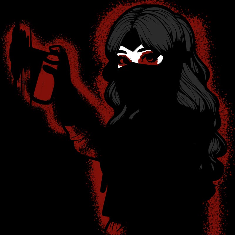 realistic girl with mask spray painting a wall