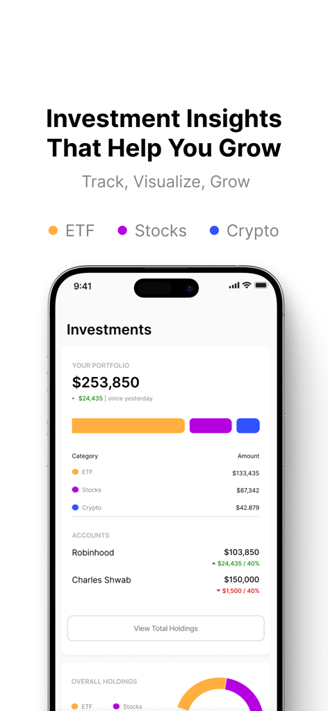 WalletWize: Track Money Better - ETF 주식 및 암호화폐에 대한 분류된 보유 내역을 보여주는 WalletWize 앱의 투자 포트폴리오 대시보드
