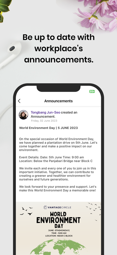 Vantage Circle - Mobile screen of the Vantage Circle app displaying a corporate announcement about World Environment Day.