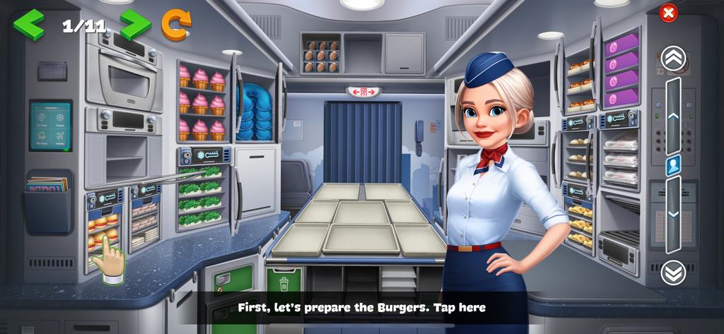 A flight attendant character standing in an airplane galley with various food storage compartments during a burger preparation tutorial.