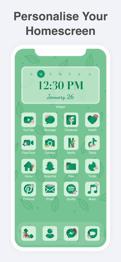 Wallpapers & Icons: Widgethub - Tela inicial verde estética personalizada com ícones personalizados e widget de data