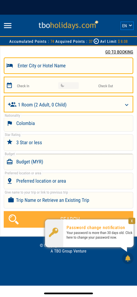 TBO Holidays - TBO Holidays mobile app hotel search interface for travel agents
