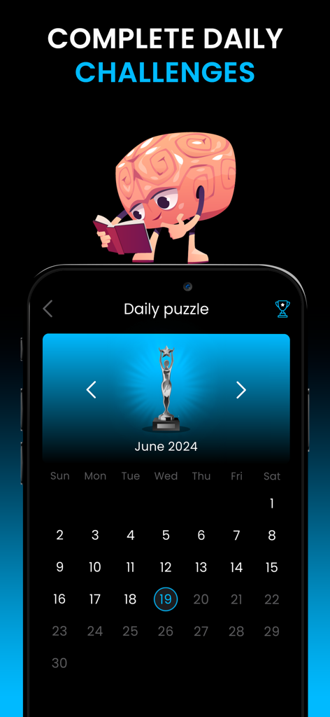 Math Master Cross Math IQ TEST - A mobile phone screen displaying a monthly calendar for daily math puzzle challenges and an achievement trophy.