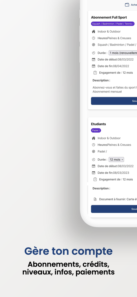 TerraPadel - TerraPadel mobile app screen for managing account subscriptions and memberships