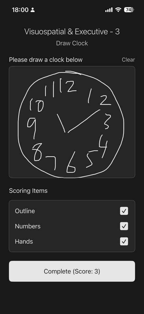 MOCA Assessment - Una schermata del compito di disegno dell'orologio digitale nell'app MoCA Assessment con caselle di controllo per valutare il contorno, i numeri e le lancette.
