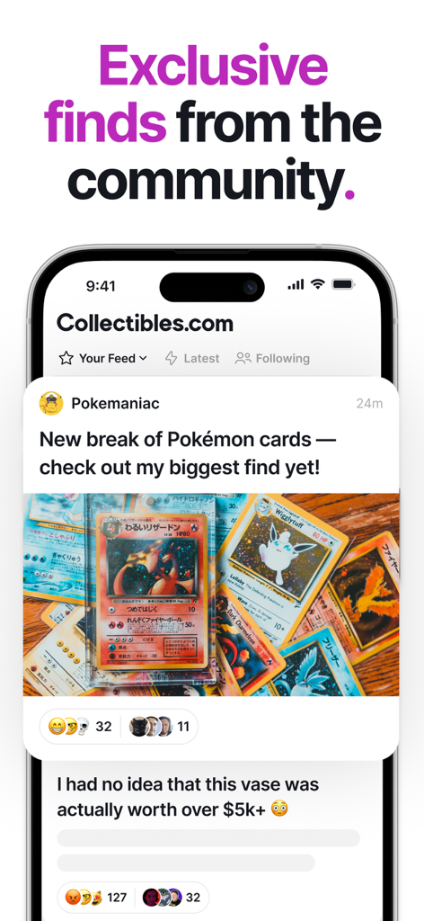 Feed social no aplicativo Collectibles exibindo cartas raras de Pokemon e descobertas valiosas da comunidade