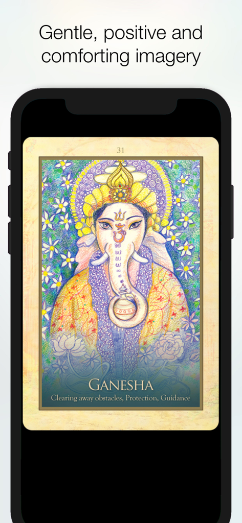 Gaia Oracle - Toni C. Salerno - A mobile screen showing the Ganesha oracle card from the Gaia Oracle app with spiritual artwork and guidance text