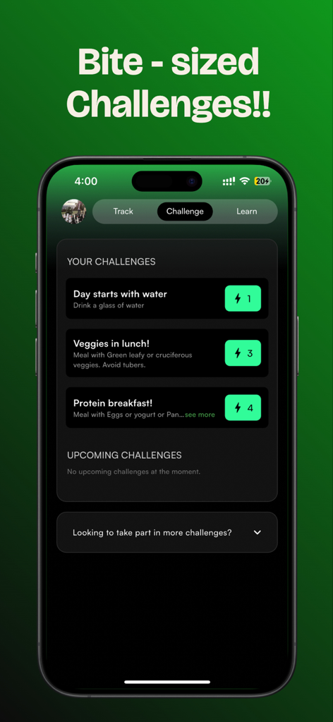 Snacc - Build Healthy Habits - A mobile app screen titled Bite-sized Challenges showing tasks like drinking water and eating vegetables to earn points.