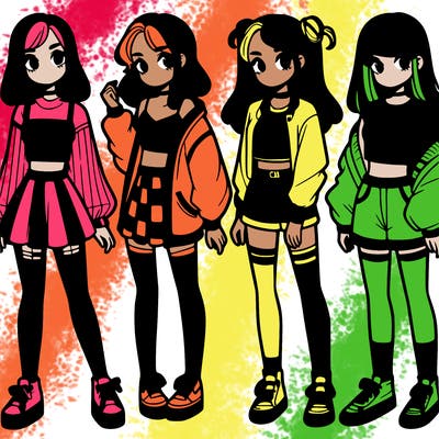 one girl with crop-top shirt and a jacket with a skirt, long socks and another girl with a shirt and pants with a jacket