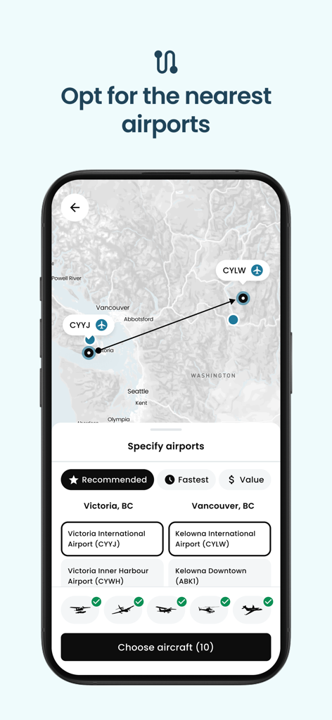 Airble-App-Oberfläche zur Auswahl der nächstgelegenen Flughäfen und Flugzeuge für einen privaten Charterflug