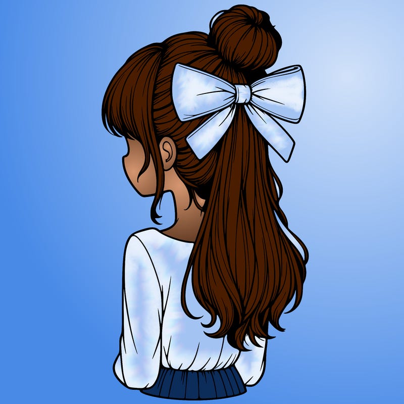 realistic girl  with hip length hair a bun and a big bow on the back of head
