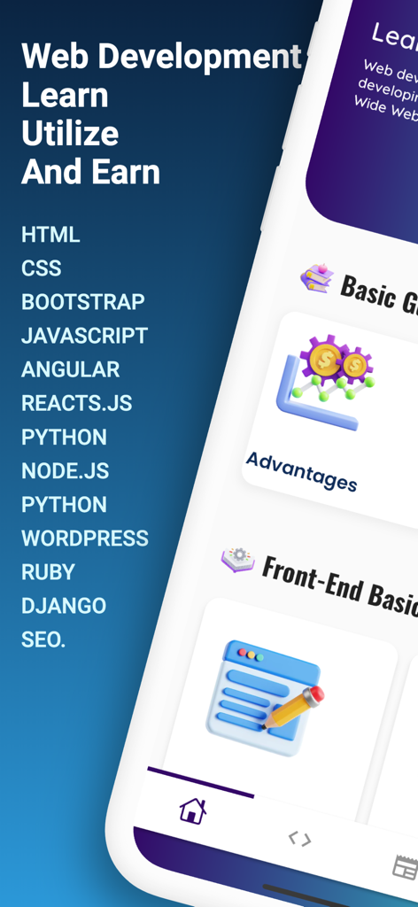 Web Development Bootcamp App-Oberfläche, die Programmiersprachen und Kursmodule für Front-End- und Back-End-Lernen auflistet