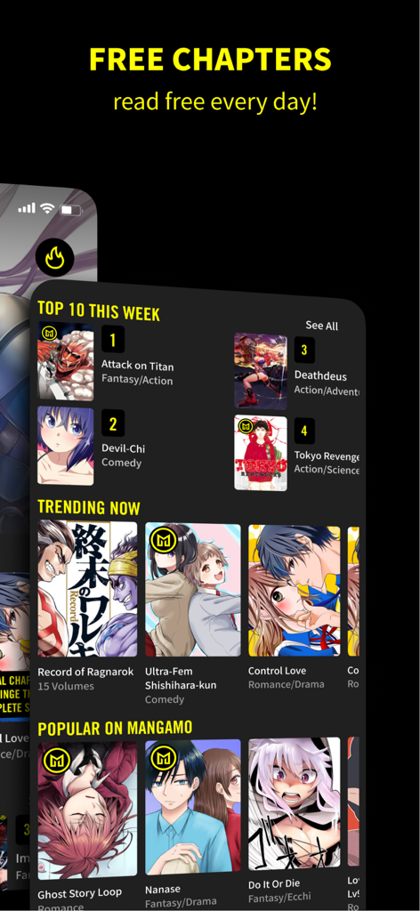 Mangamo Manga Reader & Comics - Mangamo-App-Oberfläche, die beliebte Manga-Titel und kostenlose tägliche Kapitel anzeigt.