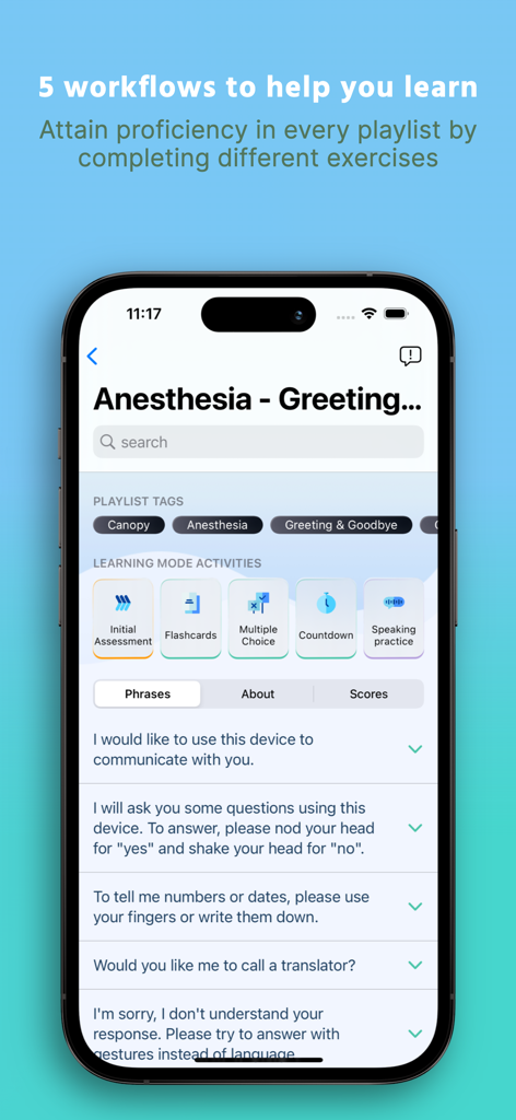 CanopySpeak Premium - CanopySpeak Premium app screen showing five medical language learning activities and a list of anesthesia phrases