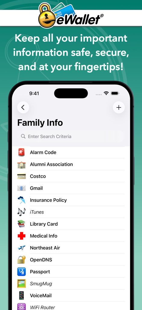 eWallet - Password Manager - Aplicación gestora de contraseñas eWallet mostrando una lista de información familiar segura que incluye detalles de seguros y pasaportes