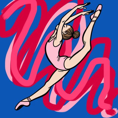 gymnast doing a leap in a leotard with a bent back leg