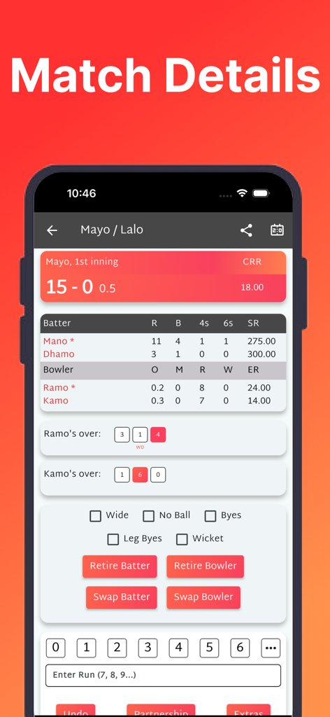 Interface of the CricO cricket scoring app displaying live match details including batter and bowler statistics