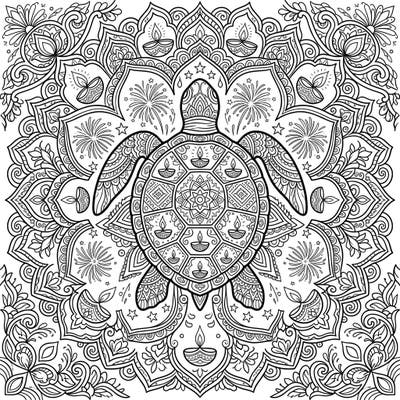 Dive into festive joy with this unique Turtle Mandala coloring page, beautifully infused with Diwali spirit. Discover intricate patterns of diyas and fireworks surrounding a serene turtle, perfect for mindful coloring.