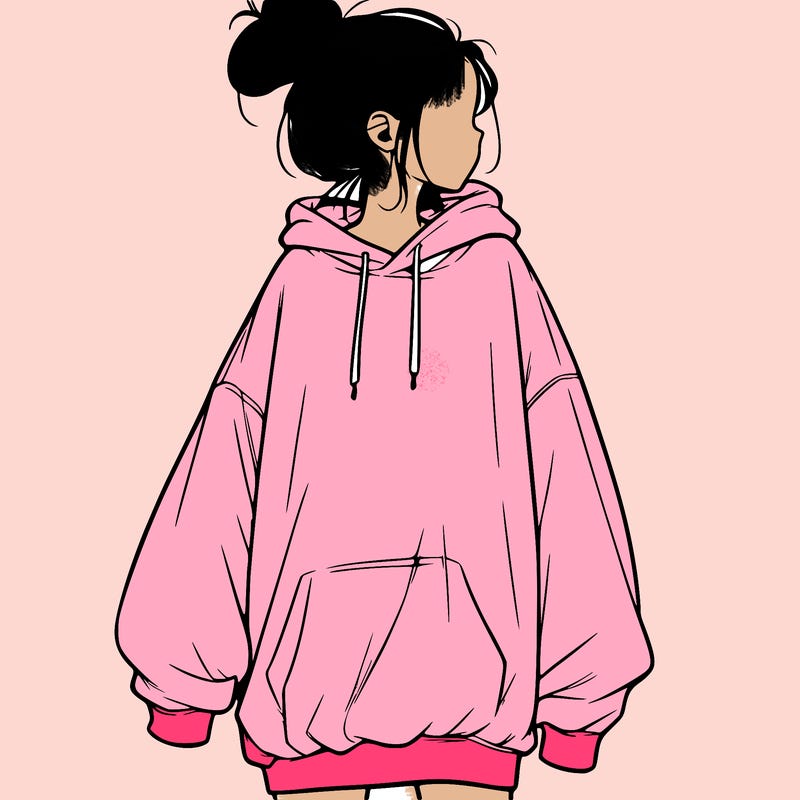 realistic girl with a oversized sweatshirt on and a bun