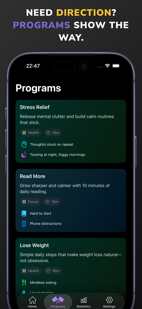 Habit Tracker - Mindle - Mindle App-Oberfläche, die eine Liste geführter Programme zur Stressbewältigung, zum Lesen und zum Abnehmen zeigt.