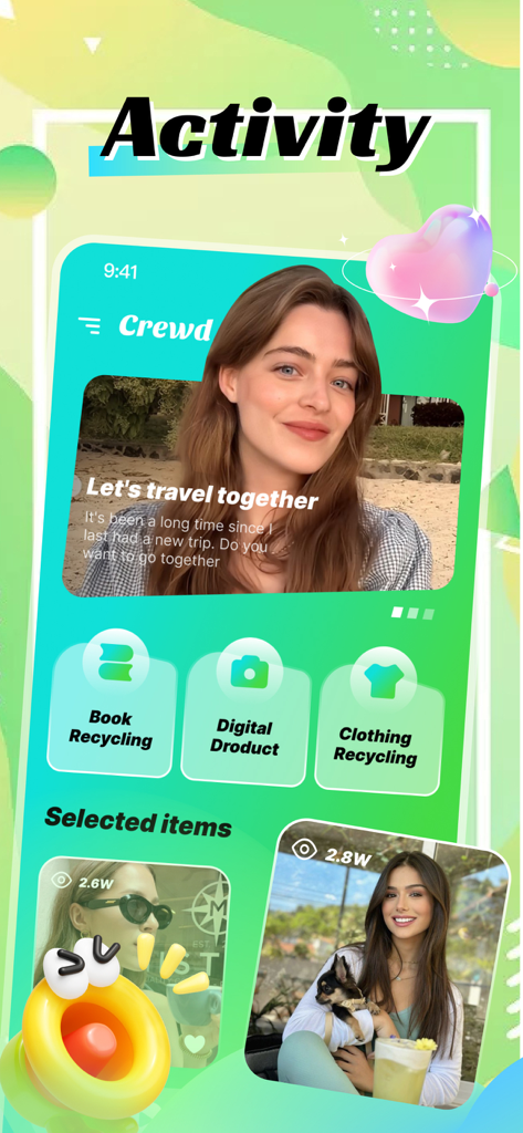 Crewd：Video, Chat, Discover - Crewd app activity feed featuring user posts and buttons for book and clothing recycling