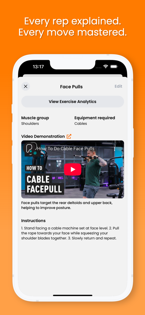 AI Workout Tracker Flexiplan interface showing a detailed guide for cable face pulls with a video demonstration and instructions