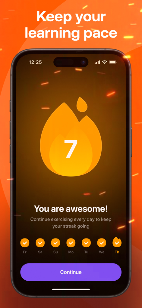 Smartphone-Bildschirm, der eine 7-tägige Lernserie in der Praktika KI Language Tutor App anzeigt